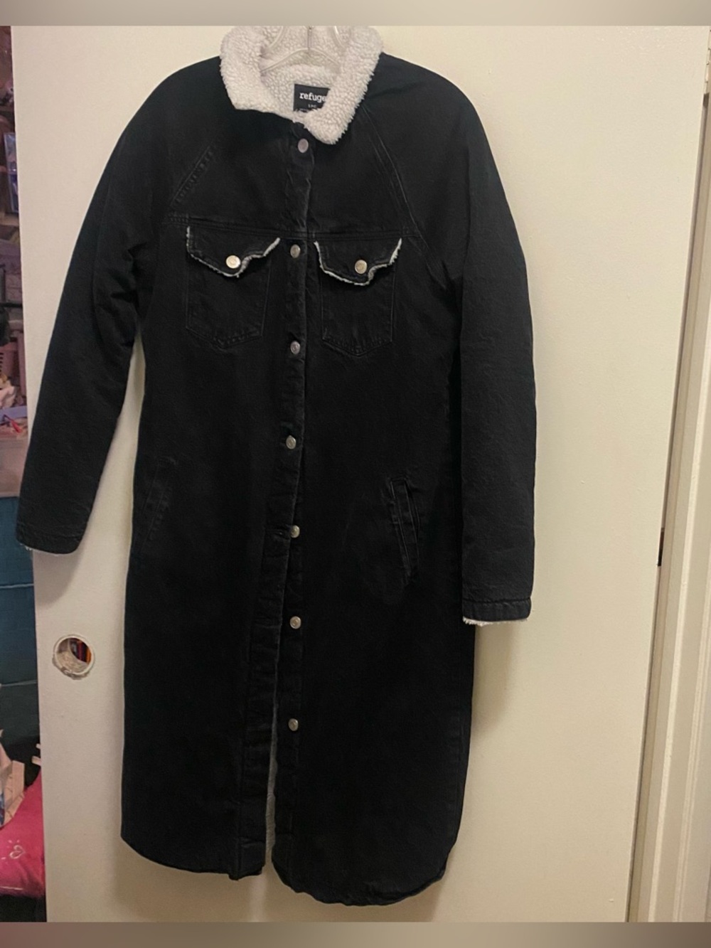 Refuge Womens Black Denim Long Trench Coat Jacket S Small 38” White Sherpa Lined